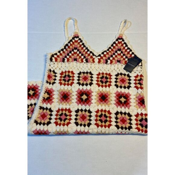 Lucky Brand Women Mini Dress XLARGE‎ Pink Granny Square Crochet Knit Boho Cotton - Picture 2 of 15